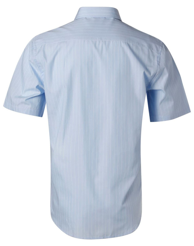 A light blue men's pin stripe short sleeve button-up shirt with a back view, featuring a collar and a logo.