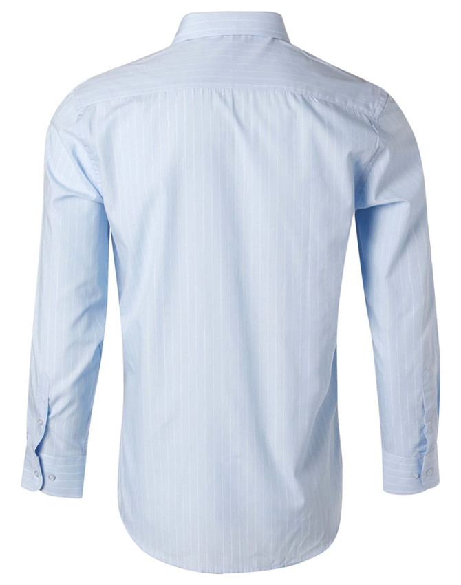 A light blue pinstripe long sleeve button-up shirt with a smooth back and a logo.