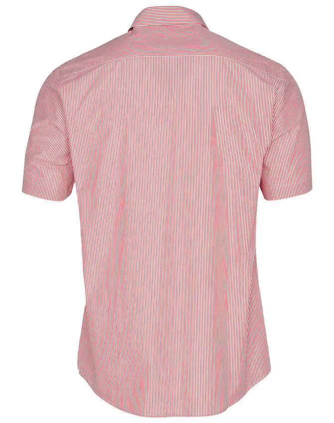 A men's short sleeve button-up shirt featuring a red and white vertical stripe pattern and a logo on the back.