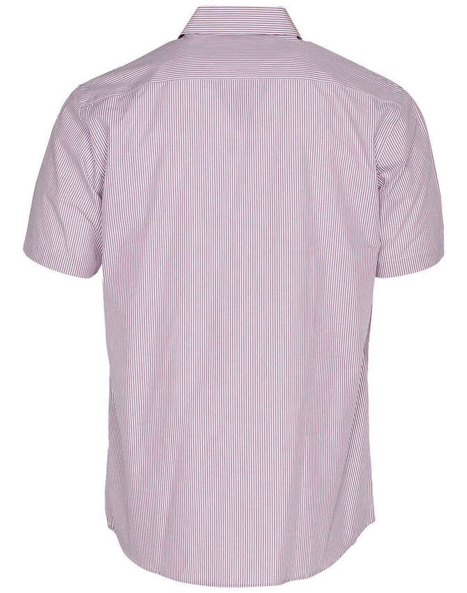 A short-sleeve button-up shirt featuring a vertical stripe pattern in shades of red and white. It has a collar and a logo.