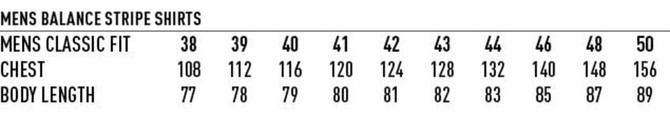 A size chart for Men's Balance Stripe Long Sleeve Shirts, displaying measurements for chest and body length in various sizes.