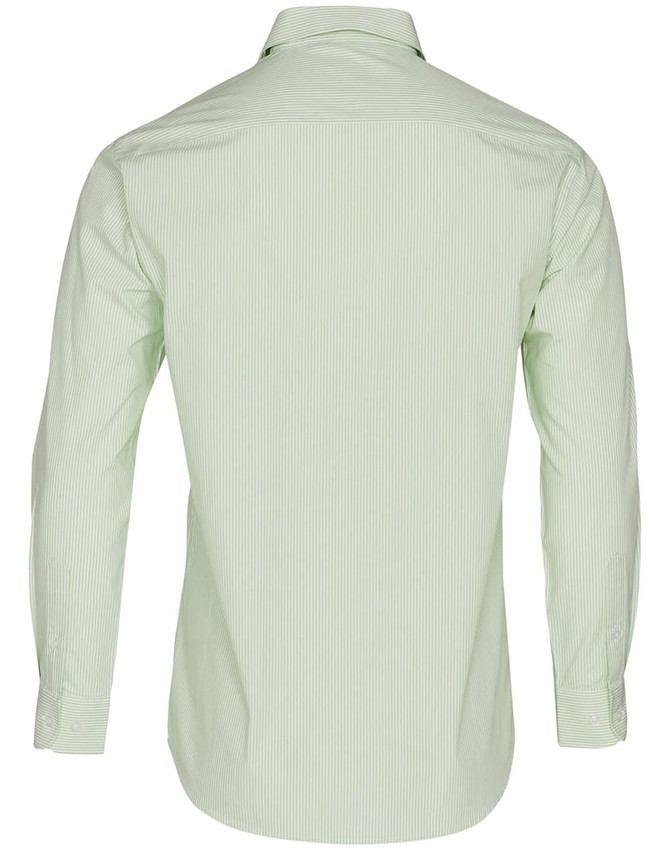 A long sleeve button-up shirt in light green with a striped pattern and a logo on the back.