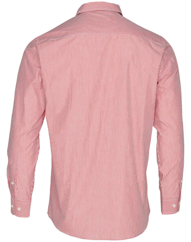 A men's long sleeve button-up shirt featuring red and white stripes and a back view. It has a logo on it.