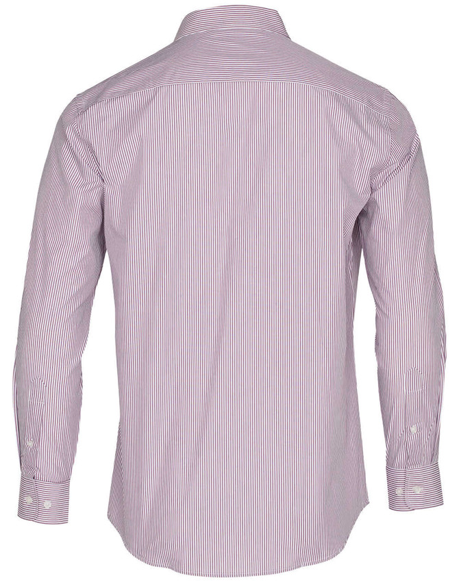 A long sleeve men's shirt in red and white stripes, featuring a classic button-up design and a collar.