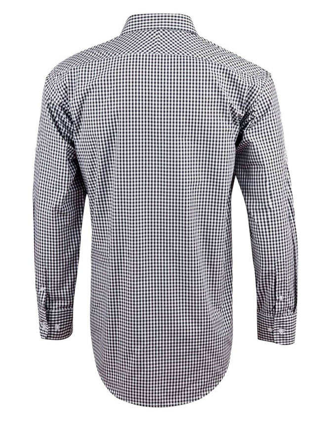 A black and white gingham check roll-up long sleeve shirt with a button-up design and a logo.
