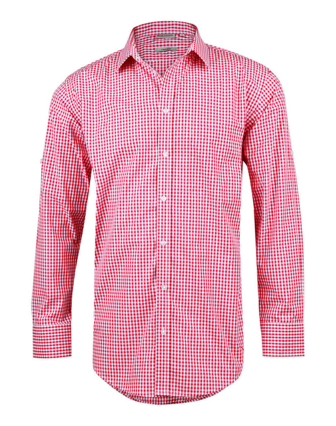 A men's long-sleeve button-up shirt in red and white gingham check pattern with roll-up sleeves. It features a branding logo.