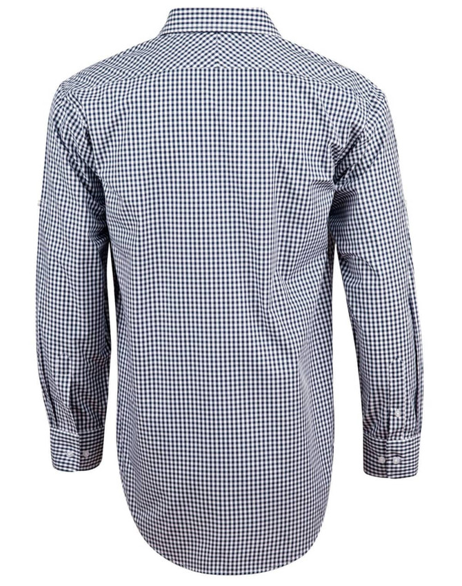 A men's long-sleeve shirt featuring a navy and white gingham check pattern, with roll-up sleeves and a logo.