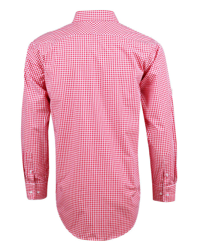 A red gingham check men's button-up shirt, featuring long sleeves and a classic collar, with a logo.