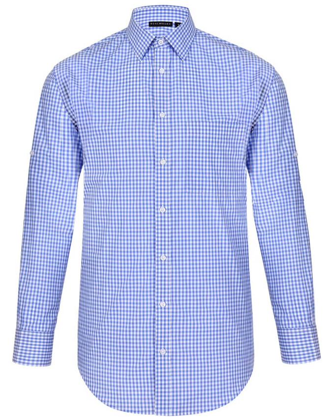 A blue and white gingham check roll-up long sleeve shirt with a button-up design and a logo.