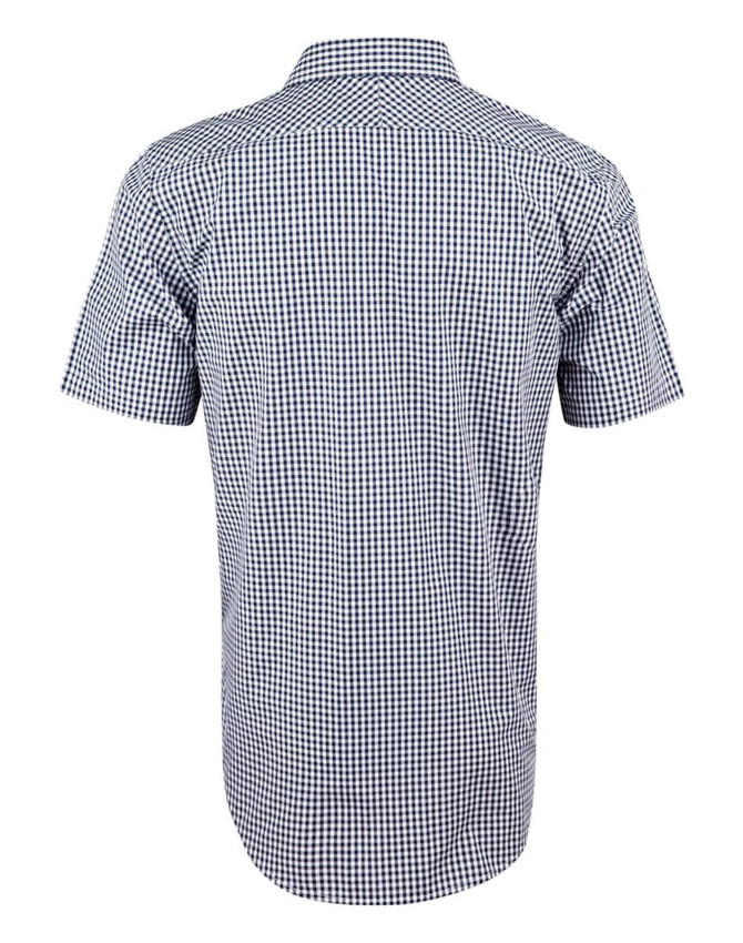 A short-sleeve men's shirt featuring a navy and white gingham check pattern, with a back view showing the shirt's design.