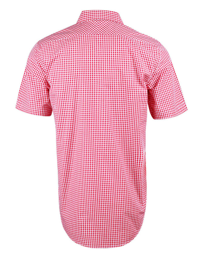 A short-sleeve men's shirt in red and white gingham check pattern with a button-up collar. Features a logo.