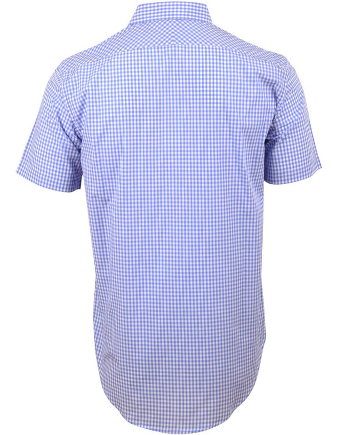 A short-sleeved men's shirt in a blue and white gingham check pattern, featuring a collar and a logo on the back.