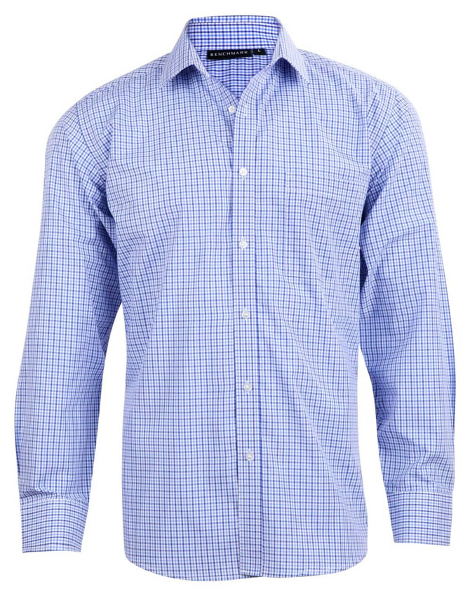 A men's long-sleeve button-up shirt featuring a blue and white check pattern, with a logo on the collar.
