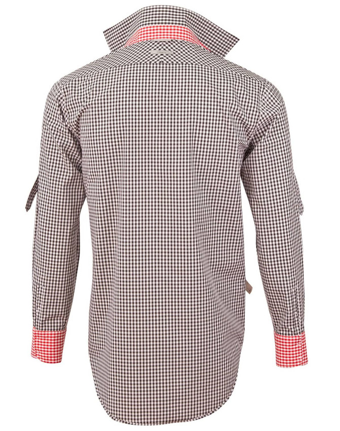 Men's long-sleeve roll-up shirt in black and white gingham check with red accents. Features a logo.