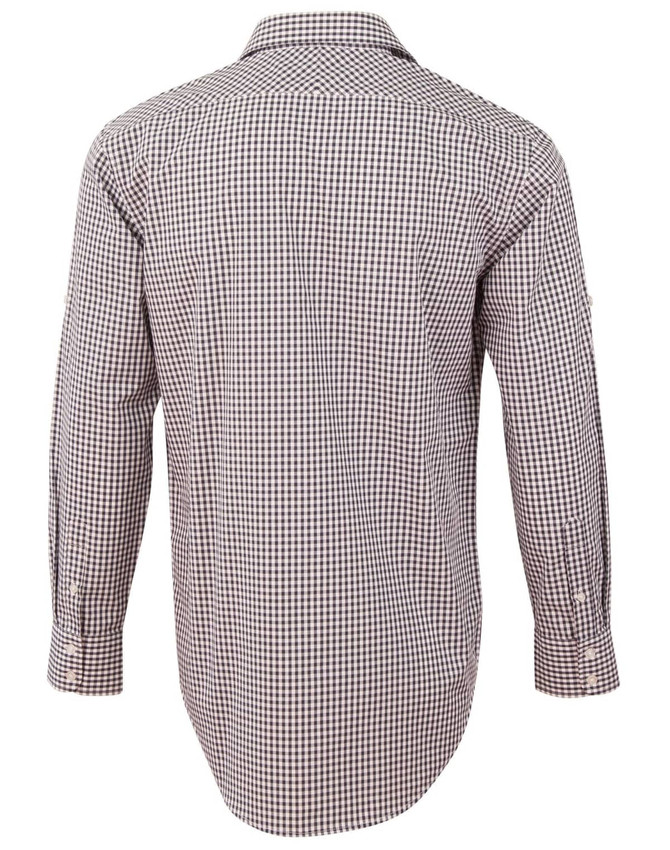 A men's long-sleeve shirt featuring a brown and white gingham check pattern. The shirt has a brand logo.