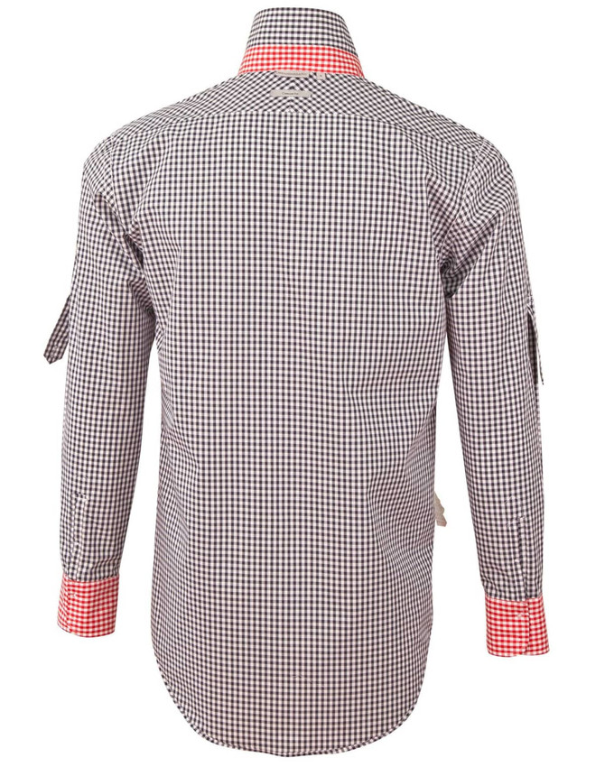 A men's long-sleeve button-up shirt in black and white gingham check with orange accents on the cuffs and collar.
