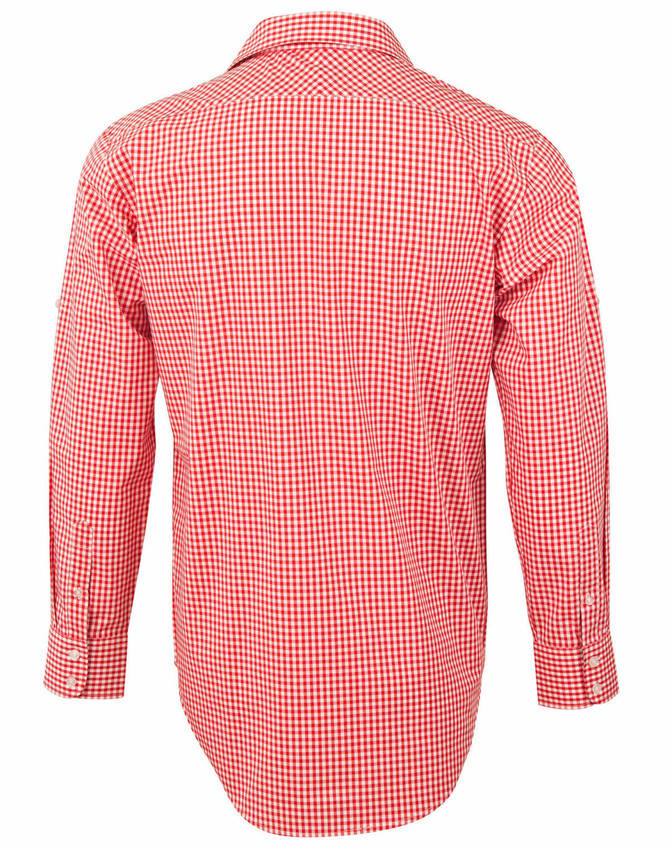 A red and white gingham check roll-up long sleeve shirt with button cuffs and a branded logo.