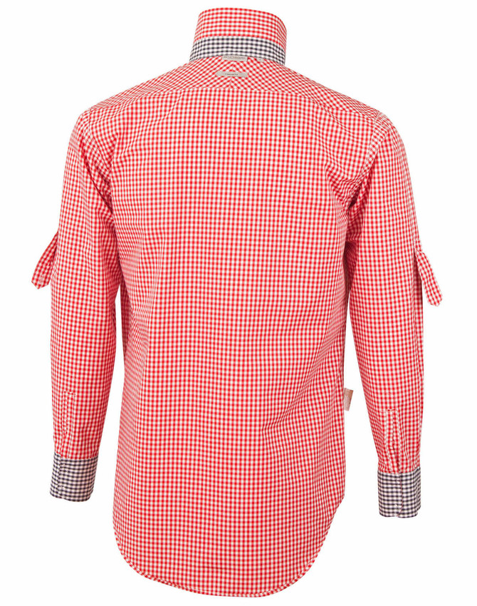 Men's roll-up long sleeve shirt in red and white gingham check pattern with a contrasting collar and buttoned cuffs.