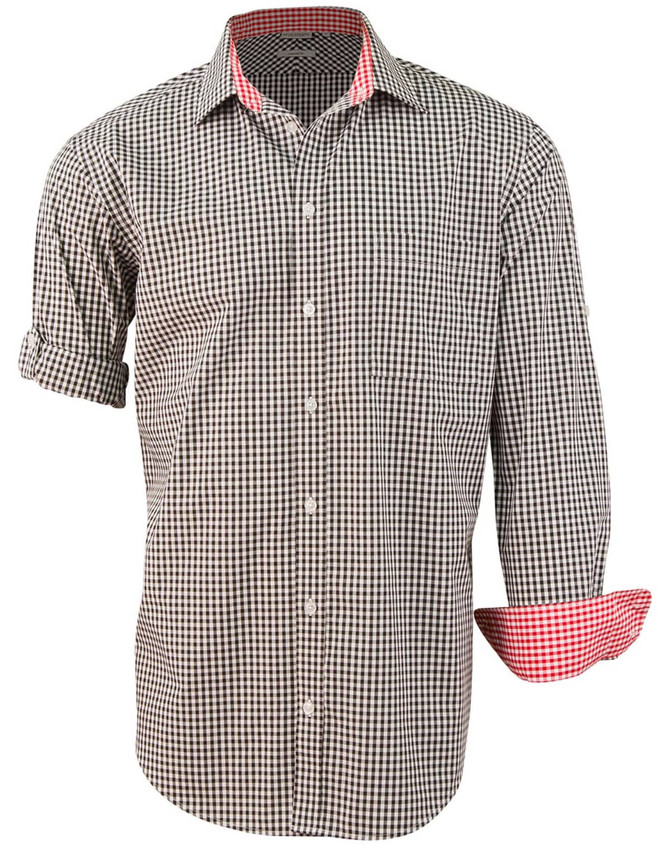 A men's black and white gingham check roll-up long sleeve shirt with red accents and a branded label.