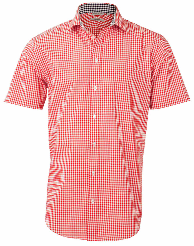 A short-sleeved men's button-up shirt featuring a red and white gingham check pattern, with a logo on the chest.