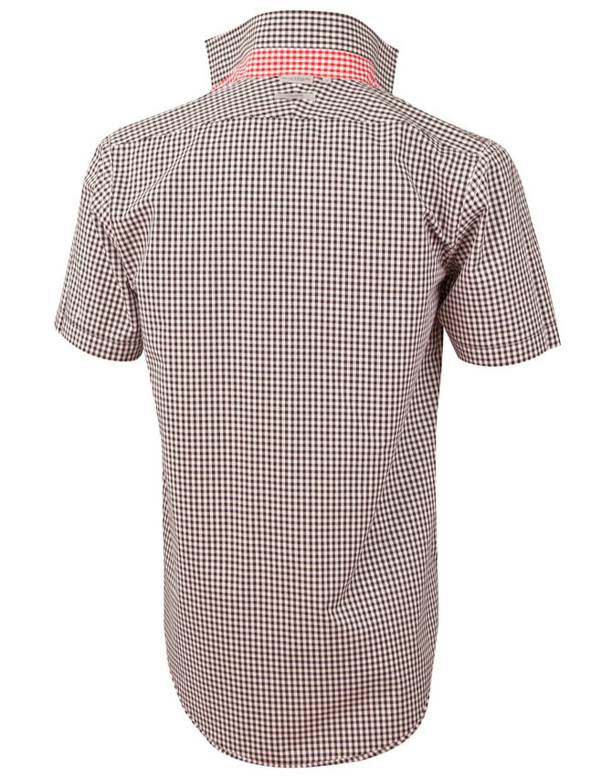 A brown and white gingham check short-sleeve button-up shirt with a red collar and branding.