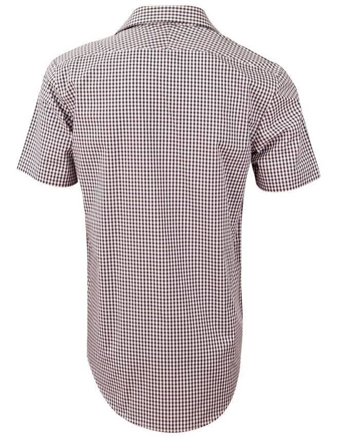 A short-sleeved men's button-up shirt featuring a brown and white gingham check pattern, with a logo on the back.