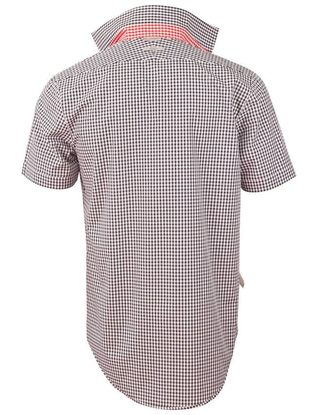 A short-sleeved men's shirt featuring a black and white gingham check pattern, with a contrasting collar and a logo.