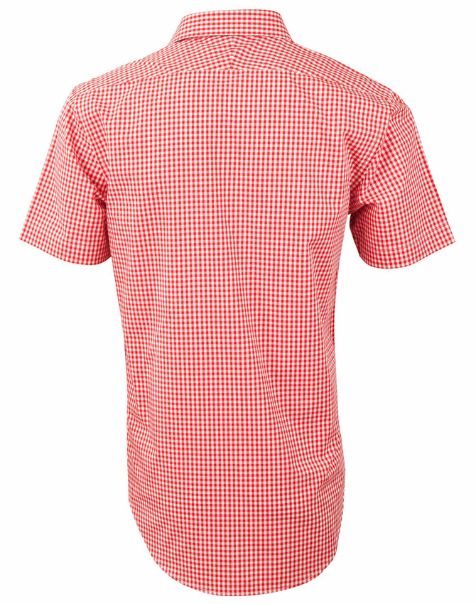 A short-sleeve men's button-up shirt in red and white gingham check pattern with a collar and logo.