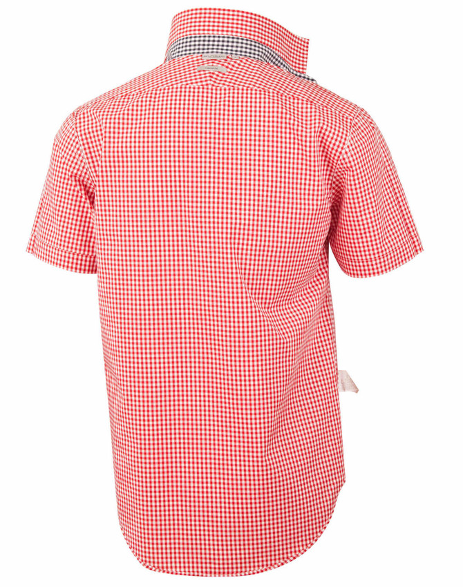 A short-sleeved men's button-up shirt in red and white gingham check pattern, featuring a collar and a logo.