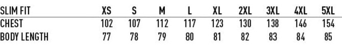 A size chart for a slim fit shirt, detailing chest measurements and body length for various sizes from XS to 5XL.