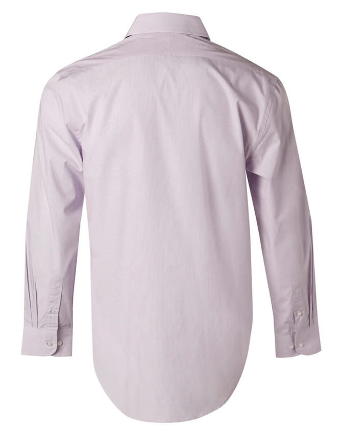 A light purple button-up shirt with long sleeves, featuring a mini check pattern and a logo.