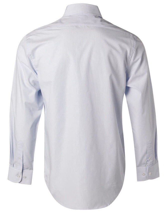A light blue long-sleeve button-up shirt with a classic collar and a logo on the back.
