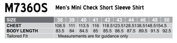 A tailored fit men's short sleeve shirt in a mini check pattern, featuring a sizing chart for different measurements.