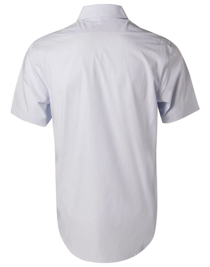 A light blue short-sleeve button-up shirt with a plain back and a branding logo.