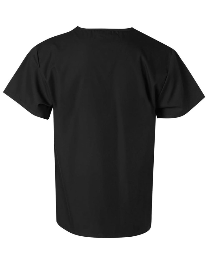 A black unisex short sleeve scrub tunic top with a simple, classic design and no visible branding.