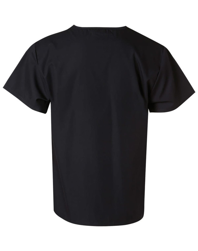 A black unisex short sleeve tunic top with a simple design and a logo on the back.