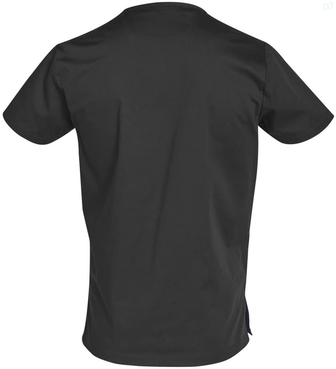 A black men's scrub top featuring a simple design with short sleeves and a back view. Includes branding.