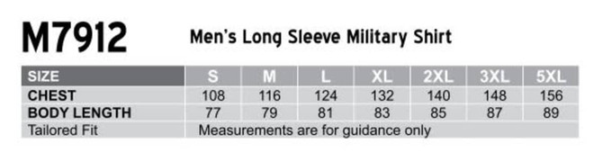 A chart displaying sizes and measurements for a men's long sleeve military shirt in a tailored fit.