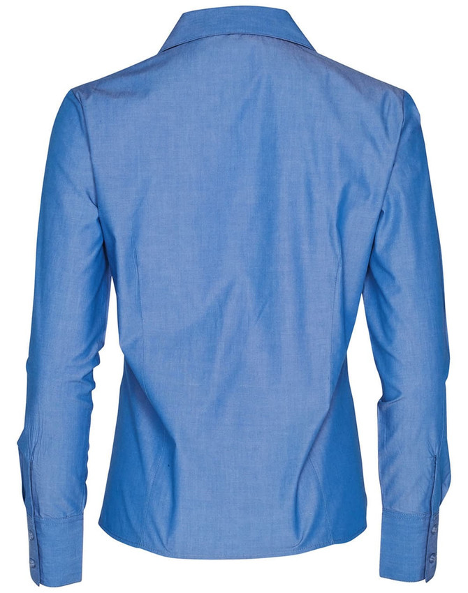 A blue button-up long sleeve shirt with a collar and long sleeves, featuring a logo.