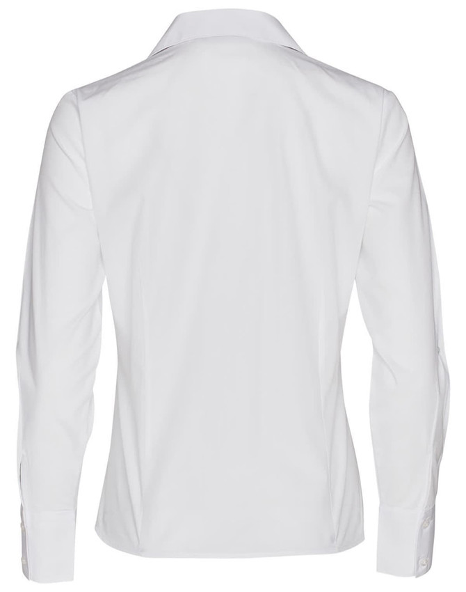 A white women's long sleeve button-up shirt featuring a classic collar and a logo on the back.