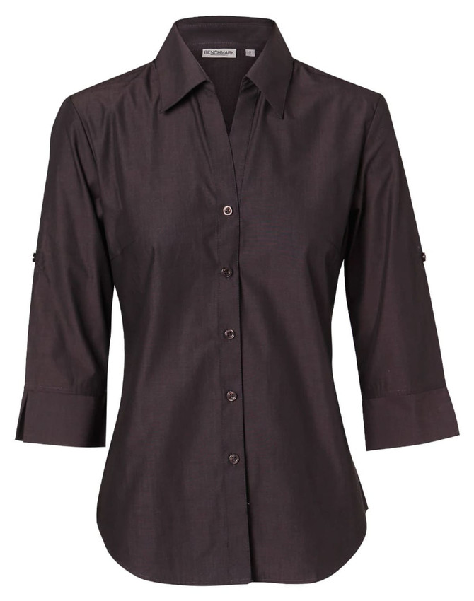 A dark brown women's button-up shirt with 3/4 sleeves, featuring a classic collar and a subtle logo.