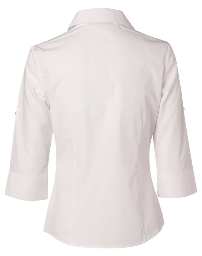 A white women's button-up shirt featuring 3/4 sleeves and a back view with a logo.