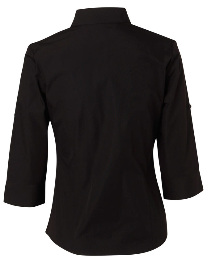 A black women's button-up shirt with 3/4 sleeves and a collar, featuring a logo on the back.
