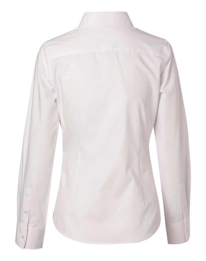 A women's white long-sleeve cotton/poly stretch button-up shirt, featuring a back view and a logo on the label.