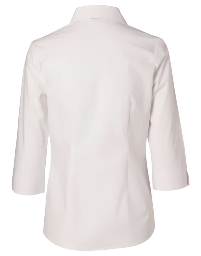 A women's fine twill button-up shirt in white, featuring 3/4 sleeves and a classic collar.