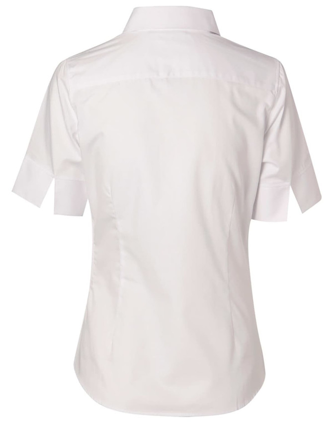 A white women's fine twill short-sleeve button-up shirt with a fitted design, featuring a collar and a back view.