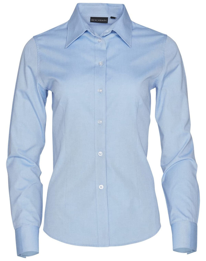 A light blue women's CVC Oxford long-sleeve shirt with a button-up front and a collar, featuring a logo.