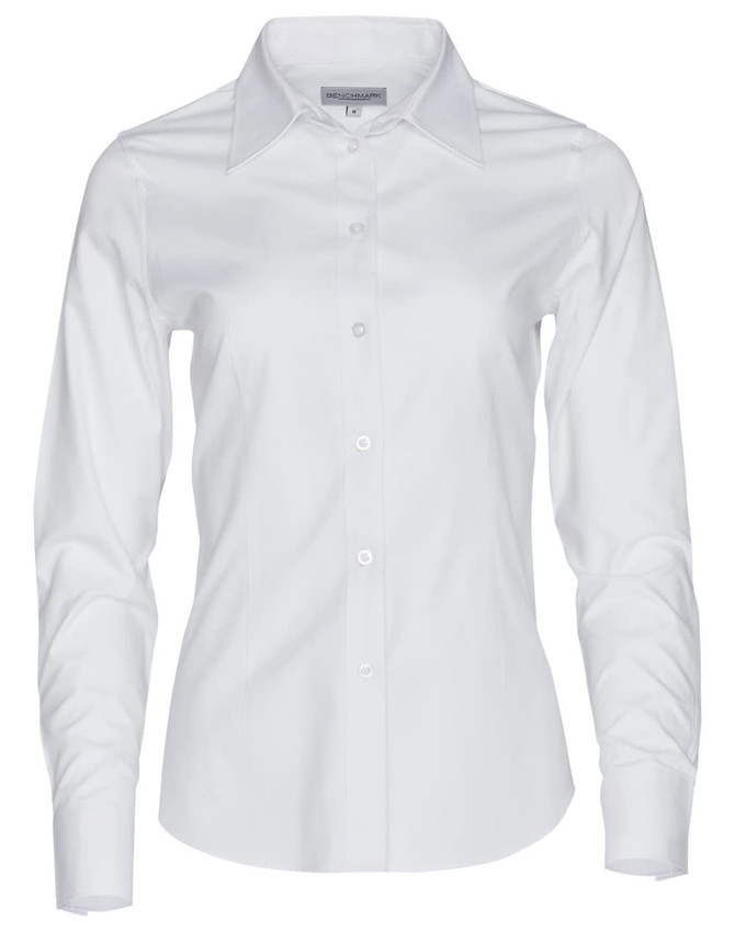 A white women's long-sleeve button-up shirt with a classic collar and a logo.