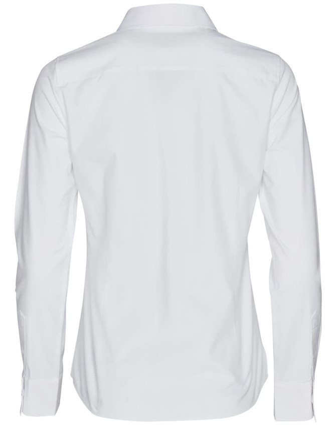 A white women's long-sleeve button-up shirt with a collar and a back view. Features branding on the label.