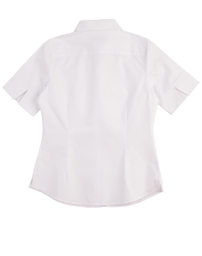 A short-sleeved women's oxford shirt in white, featuring a classic button-up design and a logo.